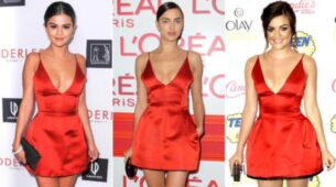 Selena Gomez, Irina Shayk, and Lucky Hale Embracing The Same Red Satin Slip Dresses Looking Similar