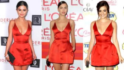 Selena Gomez, Irina Shayk, and Lucky Hale Embracing The Same Red Satin Slip Dresses Looking Similar