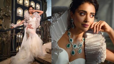 Shriya Saran looks surreal in divine white designer avatar, her emerald beaded neckpiece steals show