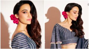Surbhi Jyoti blooms like Victorian babe in striped flared dress with floral hairstyle