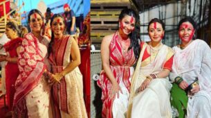 Tanishaa Mukerji Poses With Kajol And Rani Mukerji At Sindoor Khela At Durga Puja