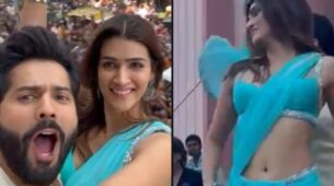 Thumkeshwari: Kriti Sanon slays in blue saree, Varun Dhawan matches steps with perfection in off-white kurta