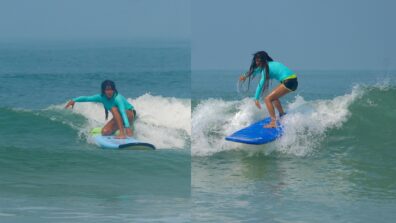 Viral: TMKOC diva Nidhi Bhanushali spotted surfing with partner, twin in aqua blue