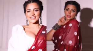 Watch Video: Shama Sikander looks royal in embellished red saree, fans in awe