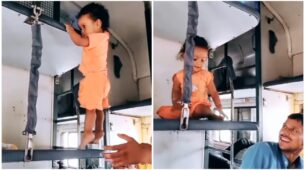 A girl performing a stunt coming down the seat of a train grabs attention; netizens are shocked