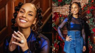 Alicia Keys amplifies her ‘early Christmas’ glam in sheer see-through black top and denim skirt