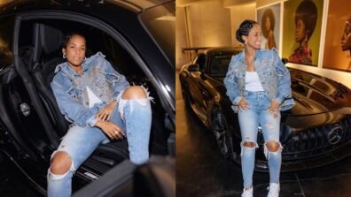 Alicia Keys Slays In Chic Denim Avatar As She Poses With Her Black Mercedes Benz – AMG GT, See Pics