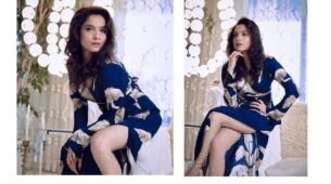 Ankita Lokhande channels royalty in her deep neck floral blue wrap dress