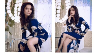 Ankita Lokhande channels royalty in her deep neck floral blue wrap dress