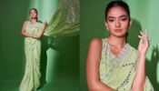 Anushka Sen personifies glam in sequinned pastel green six yards