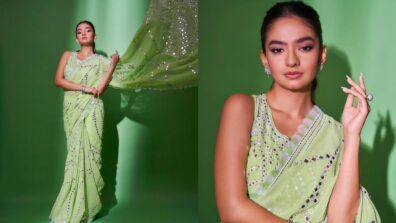 Anushka Sen personifies glam in sequinned pastel green six yards