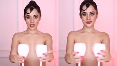 Watch: Urfi Javed goes shirtless again, covers her assets with wine glasses