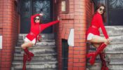 Avneet Kaur is bawse in red cardigan, white biker shorts and high-heel long boots