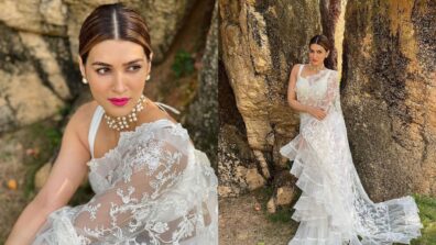 Bhediya Promotions: Kriti Sanon signifies glitz n glam in transparent lace white saree, see pics