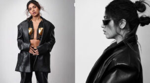 Bhumi Pednekar ups glam quotient in leather pantsuit and chain body piece