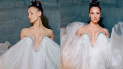 Elli AvrRam Looks Angelic In White Off-shoulder Plunging Neckline Gown