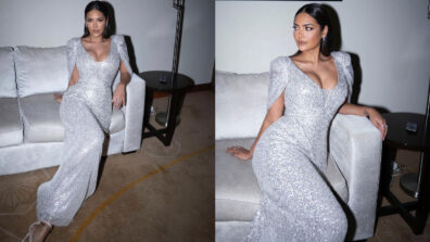 Esha Gupta Sizzles And Drizzles In Grey Sequin Bodycon Gown