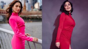 Fashion Battle: Dhvani Bhanushali In Red Or Tamannaah Bhatia In Pink; Who Is Epitome Of Elegance In Turtle Neck Thigh-High Slit Draped Gown?