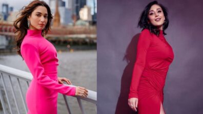 Fashion Battle: Dhvani Bhanushali In Red Or Tamannaah Bhatia In Pink; Who Is Epitome Of Elegance In Turtle Neck Thigh-High Slit Draped Gown?