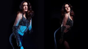 Fatima Sana Shaikh Oozing Hotness In Diamond Embedded Bralette And Thigh High Satin Skirt 