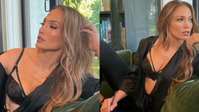 Jennifer Lopez gets comfy in chic black lace bralette and sheer pantsuit