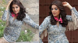 Kajal Aggarwal turns heads in her mirrored intricated mini dress