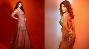 KKK beauties: Nikki Tamboli exudes sensuality in embellished beige gown, Divyanka Tripathi spruces in peach royal lehenga