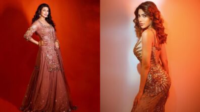 KKK beauties: Nikki Tamboli exudes sensuality in embellished beige gown, Divyanka Tripathi spruces in peach royal lehenga