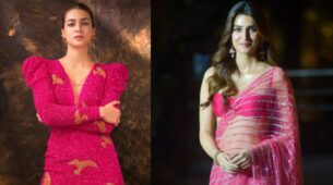 Kriti Sanon In Pink Fiery Mini Dress With Beaded Birds Or Pink Sequins Embedded See-Through Saree; Which Look Is Best?