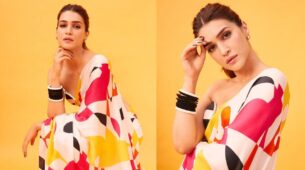Kriti Sanon Looks Magnificent In Off-shoulder Multicoloured Print Saree For Her Bhediya Film Promotion Look