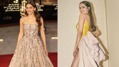 Manushi Chhillar In Golden Velvet Contrast Stitched Tail Gown Or Alaya F In Pastel Pink Stoned Embedded Princess Gown; Whose Outfit Is Eye Catching?