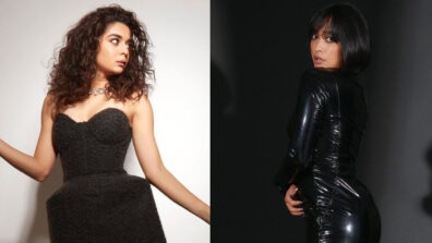 Mithila Palkar In Black Strapless Butterfly Neckline Stylish Mini Dress Or Sayani Gupta In Black Leather Bodycon Plunging Neckline Mini Dress; Whose Black Mini Dress Is Your Statement Choice?