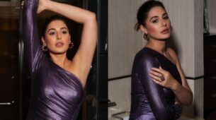 Nargis Fakhri’s Jazzy Looks In Namrata Joshipura’s Purple One-Shoulder Gown Is Perfect For Date Night
