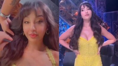 Nora Fatehi Giggles In Yellow Pearl Beaded Corset Body Hugging Gown, Flaunting Statuesque Figure