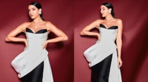 Nora Fatehi sirens drama in black-white corset gown, see pics