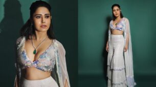 Nushrratt Bharuccha Looks Divine In Her White Layered Skirt With Sequin Bralette And A Cape Jacket 