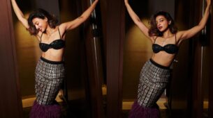 Radhika Apte Oozing Hotness In Black Stone Embedded Bralette Paired With Shimmery Checkered Skirt With Feathery Edge