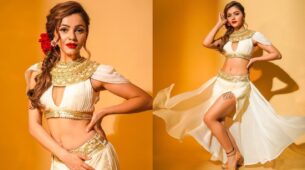 Rubina Dilaik is ultimate glam queen in white golden motif co-rd set