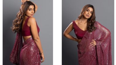 Shriya Saran In Maroon Sequin Saree By Manish Malhotra