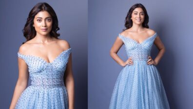 Shriya Saran Looks Glamorous In Off-Shoulder Blue Corset Gown