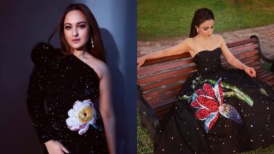 Soha Ali Khan’s Black Duchess Satin Strapless Midi Dress With Hand Embroidery Or Sonakshi Sinha In Sequin Velvet One-Shoulder Hand Embroidery; Which Black Dress Is Elegant?