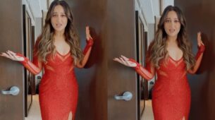 Sonakshi Sinha exudes red glam in glittery high-thigh slit long gown