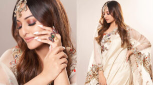Sonakshi Sinha Sizzles The Anamika Khanna Designed White Kaftan Kurta With Printed Skirt
