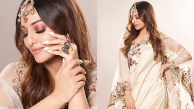 Sonakshi Sinha Sizzles The Anamika Khanna Designed White Kaftan Kurta With Printed Skirt