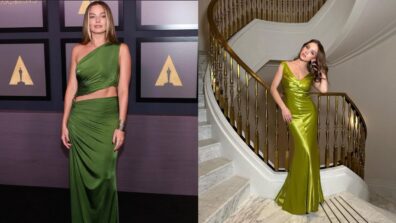 Sydney Sweeney In Satin Silk Lime Green Or Margot Robbie In Silk Forest Green; Whose Green Ensemble Is Attractive?