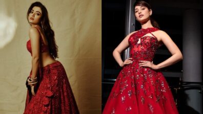 Tamannaah Bhatia In Sequin Embedded Corset Gown Or Rashmika Mandanna In Intricately Embroidered Chikankari Lehenga; Whose Last Week’s Red Outfit Is Iconic?