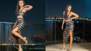 Tejasswi Prakash Dons The Wabi Sabi Designed Black Thigh-high Slit Skirt With Crop Top