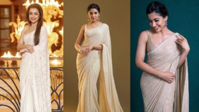 Trisha Krishnan, Krithi Shetty, And Rashmika Mandanna Are A Sight To Behold In Beautiful White Hue Sarees