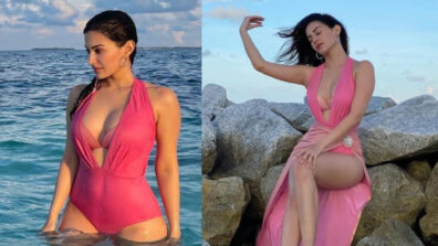 Amyra Dastur swam in the Maldives’ blue waters wearing a stunning peach swimsuit
