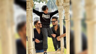 Ajay Devgn’s son Yug Devgan sits on his shoulder as they pose with his nephew and says, ‘Ek jagah jab jama ho teeno’